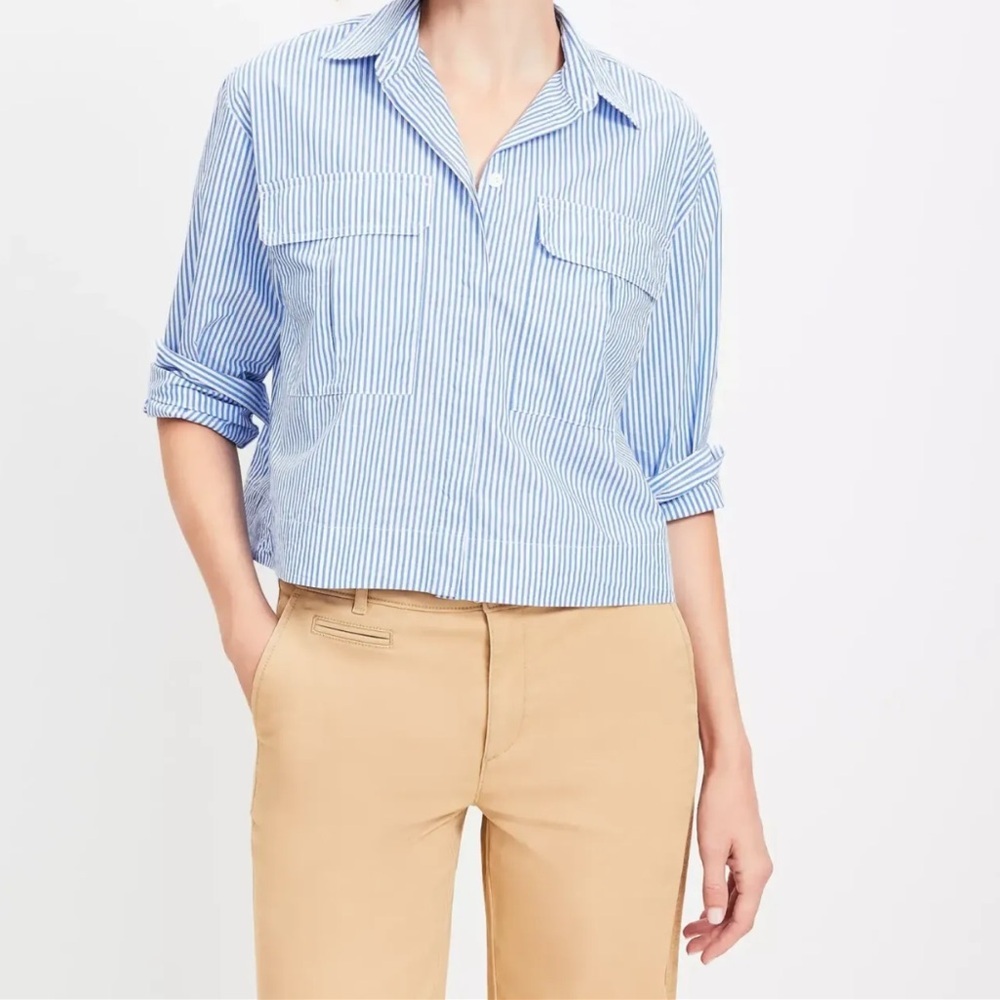 Loft Blue Striped Cropped Button-Up Shirt Size Small
